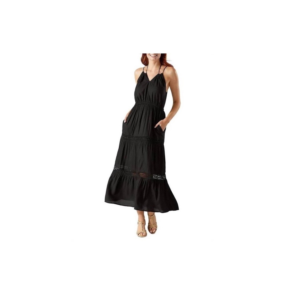 Tommy Bahama Sunlace Halter Maxi Dress Womens Small Black Boho Tiered Tassel NEW